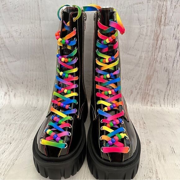 NIB Club Exx rainbow Neon festival beaded pride combat boots Sz 8 sold out - Picture 2 of 8